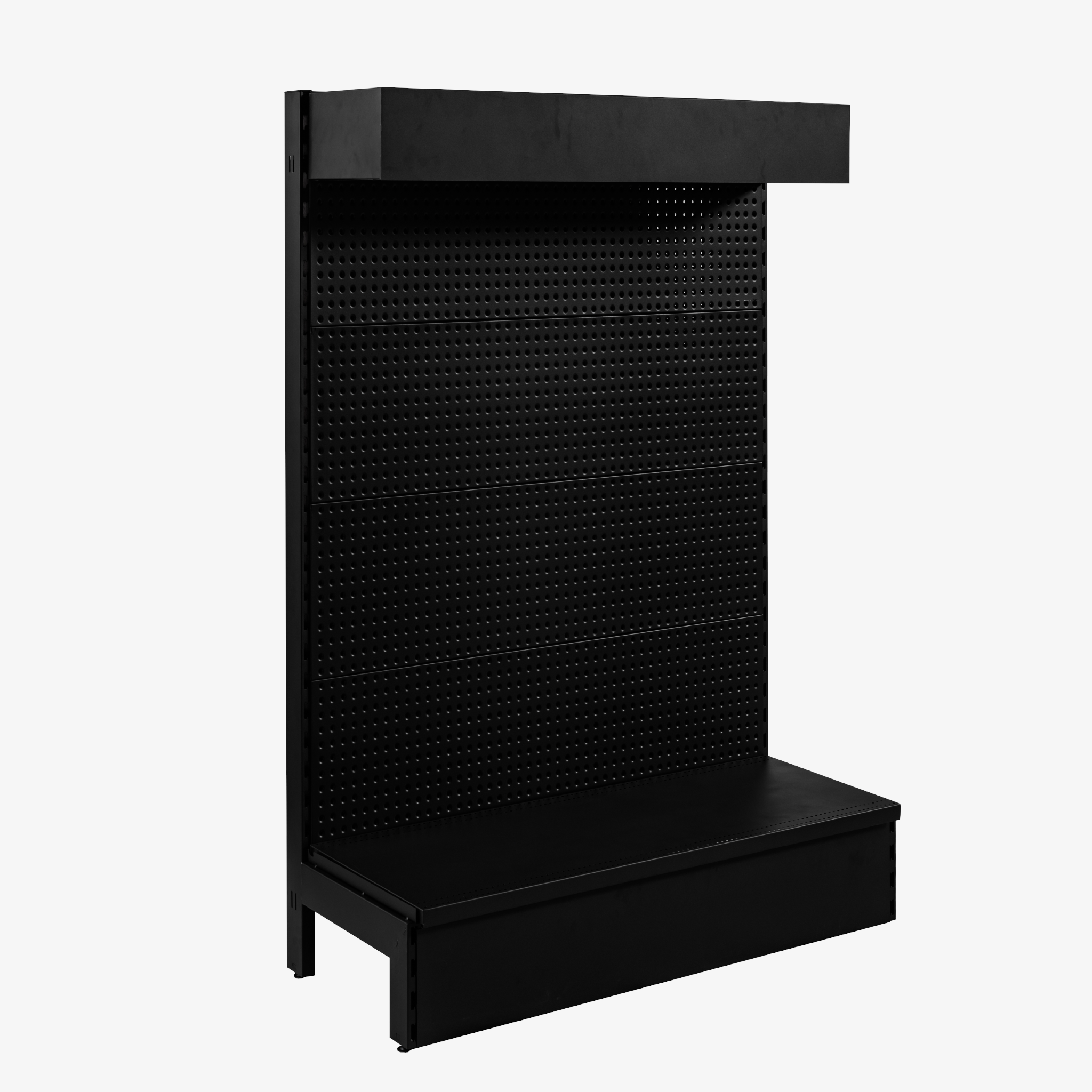 SMS9015SB-V2 Black Single Sided Volcano Pegboard Gondola Shelving with black header light box - 900mm Wide Modules