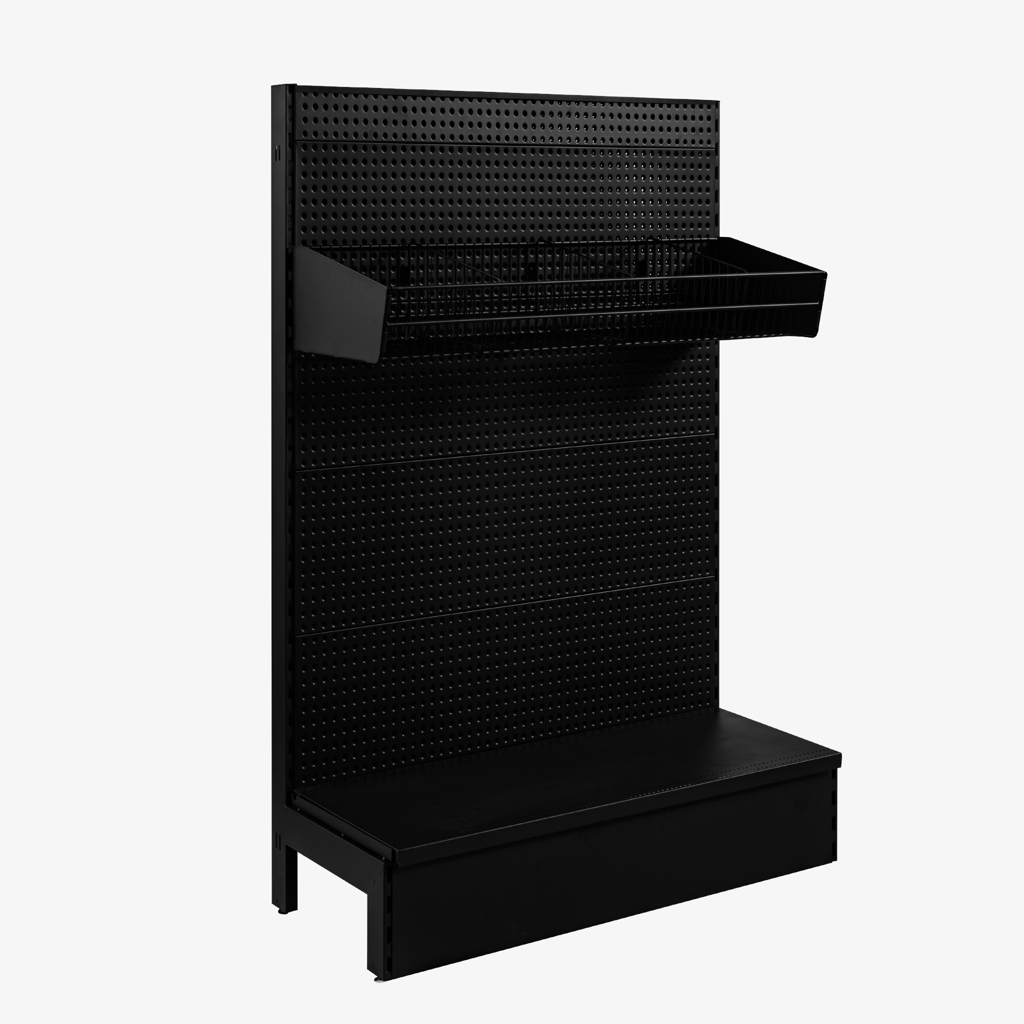 SMS9015SB-V4 Black Single Sided Volcano Pegboard Gondola Shelving with black wire basket - 900mm Wide Modules