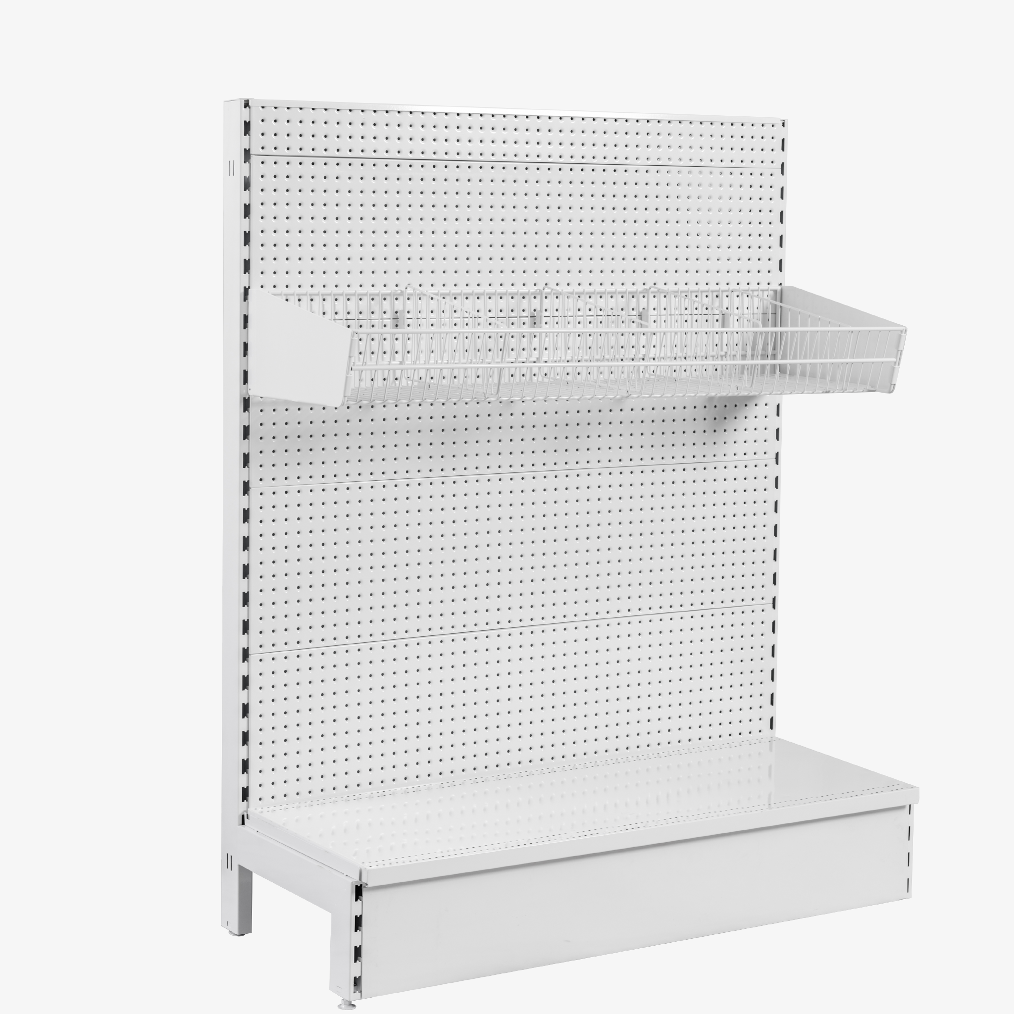 SMS1215SW2.jpg White Single Sided Volcano Pegboard Gondola Shelving with wire basket– 1200mm Wide Modules