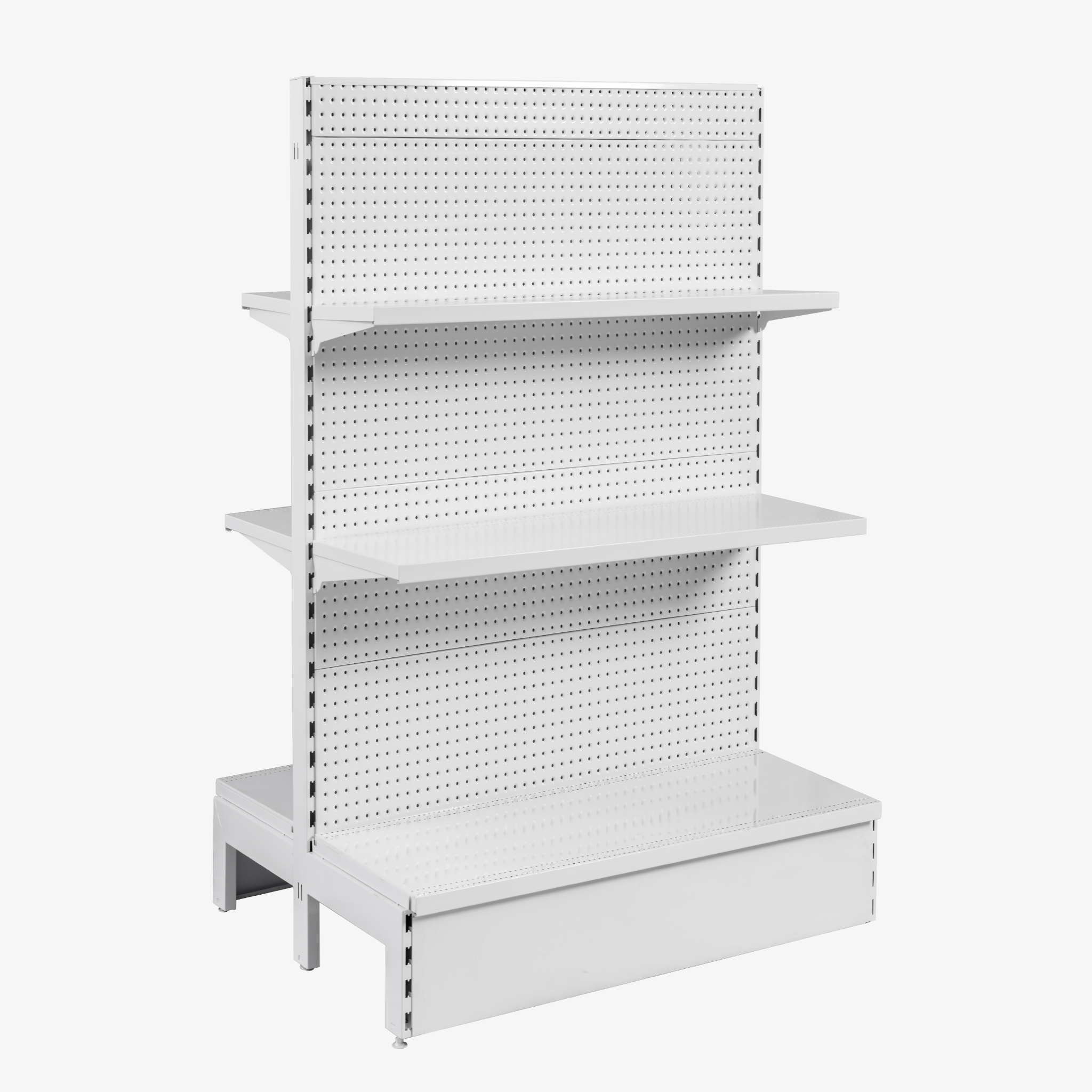 SMD9015SW-V3 White Double Sided Volcano Pegboard with Gondola Shelving – 900mm Wide Modules